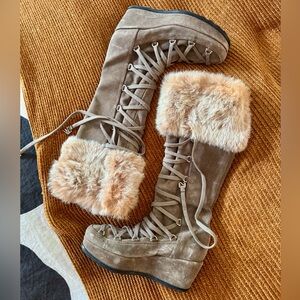 Stuart Weitzman Tan Suede Fur-Trimmed Winter Boots